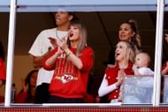 Taylor Swfit cheering for Travis at the Los Angeles Chargers v Kansas City Chiefs game